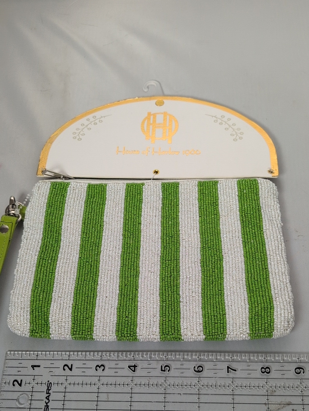 House of Harlow 1960 Hand Beaded Green & White Striped Wristlet Pouch - Picture 7 of 10